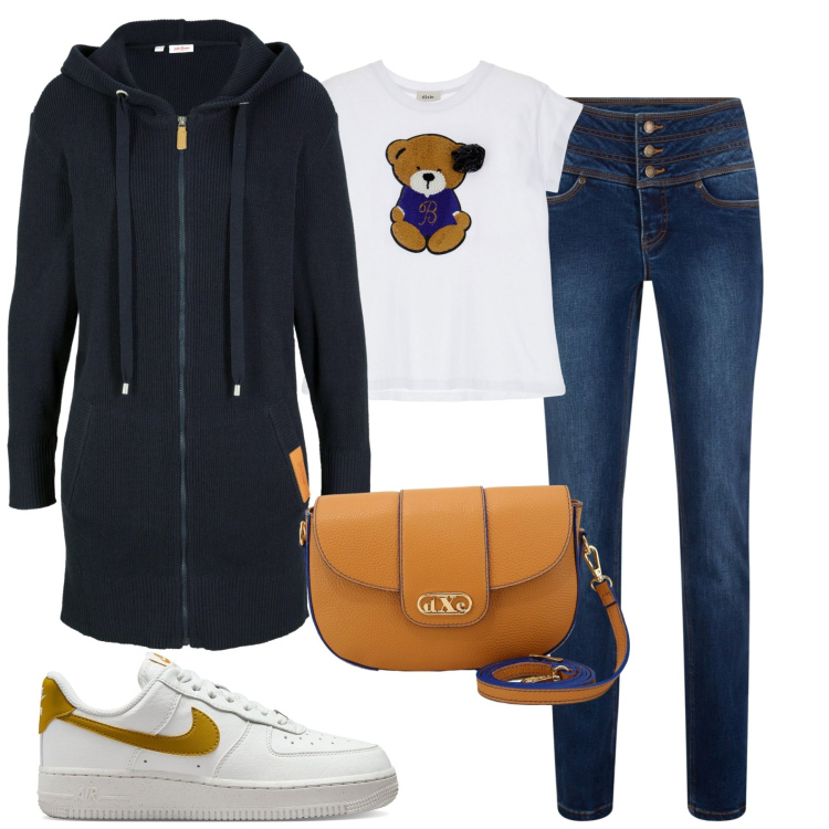 Outfit donna - City. Stile Basic per Tutti i giorni. Abbinamento con cardigans, jeans slim fit, t-shirt, pochette, sneakers.