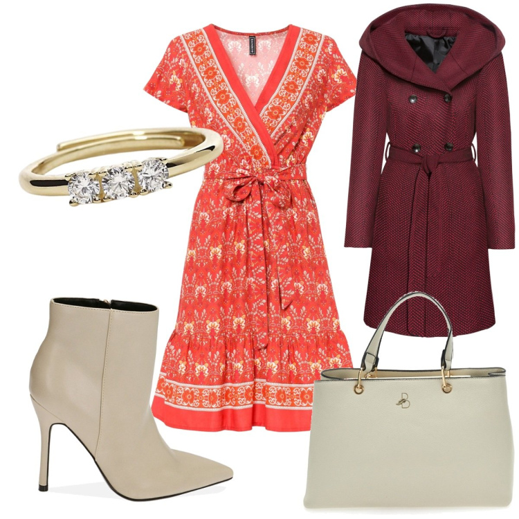 Outfit donna - Total look #1810785. Stile Boho per Tutti i giorni. Abbinamento con cappotti, vestiti, anelli, stivaletti, borse a mano.