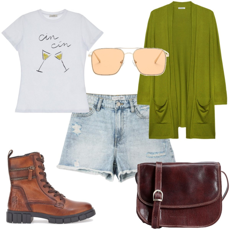 Outfit donna - Total look #1810812. Stile Boho Abbinamento con borse a tracolla, shorts, t-shirt, anfibi, cardigans, occhiali da sole.