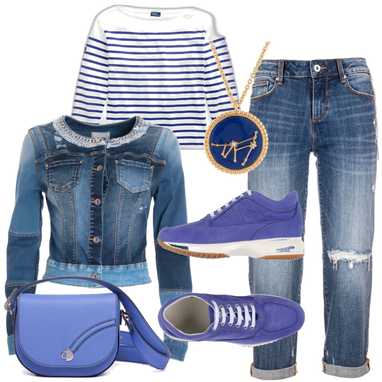 Outfit donna - Denim. Stile Casual per Tutti i giorni. Abbinamento con sneakers, collane, jeans strappati, giacche, t-shirt, borse a tracolla.
