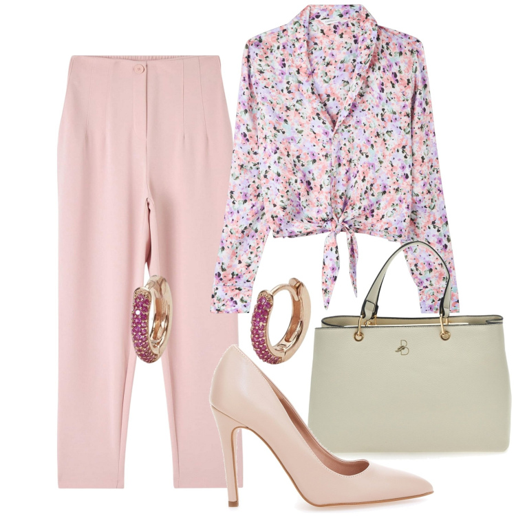Outfit donna - Primavera. Stile Bon Ton per Ufficio. Abbinamento con pantaloni chino, camicie, orecchini, décolleté, borse a mano.