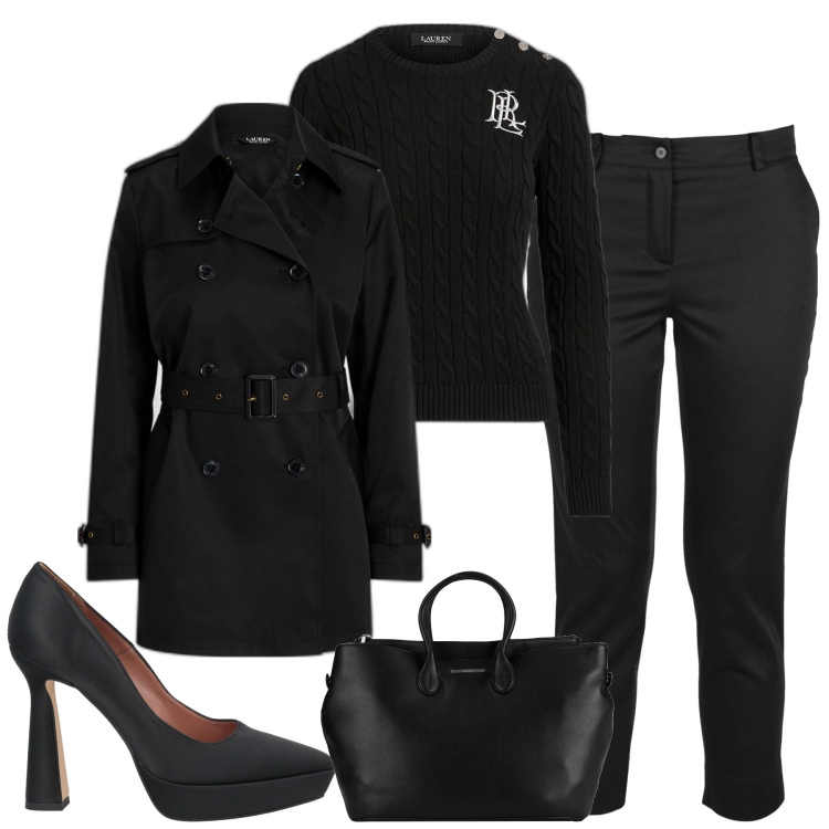 Outfit donna - Black. Stile Urban per Tutti i giorni. Abbinamento con décolleté, borse a mano, maglieria, trench, pantaloni.