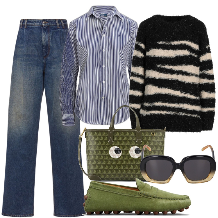 Outfit donna - Il mio febbraio. Stile Casual chic per Tutti i giorni. Abbinamento con pullovers, camicie, jeans, shopping bag, mocassini, occhiali da sole.