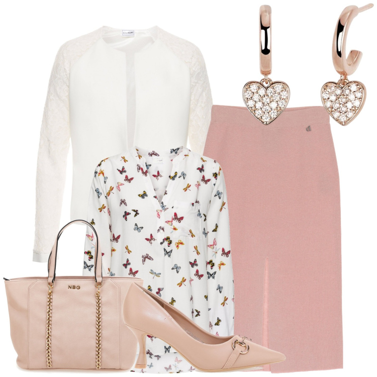Outfit donna - Early spring. Stile Romantica per Tutti i giorni. Abbinamento con bluse, blazer, orecchini, gonne longuette, borse a spalla, décolleté.
