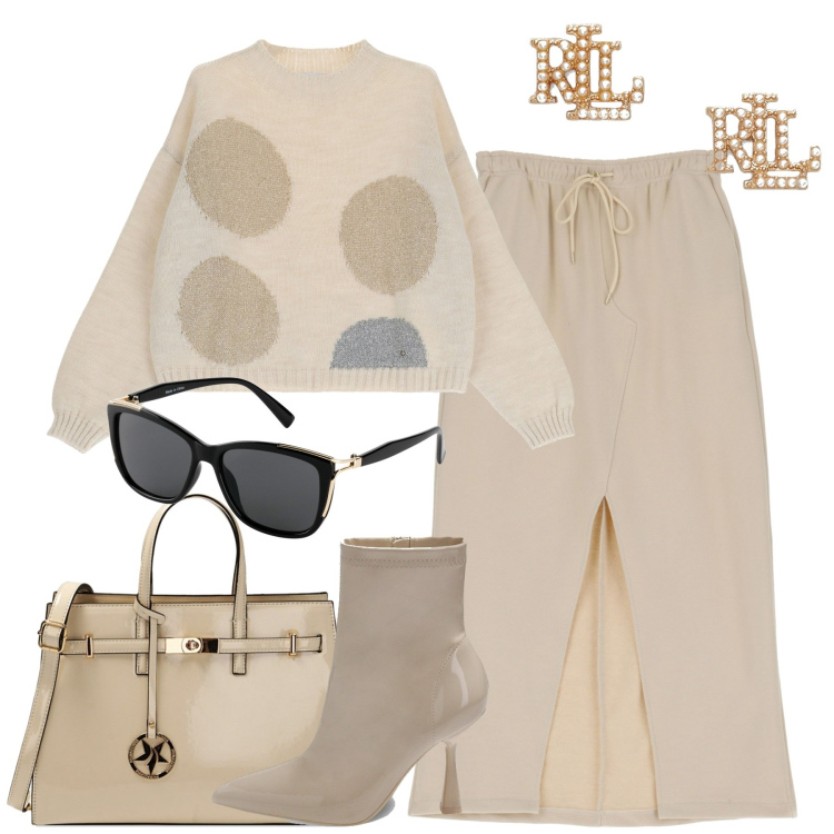 Outfit donna - Street style. Stile Urban per Tutti i giorni. Abbinamento con occhiali da sole, pullovers, gonne longuette, borse a mano, stivaletti, orecchini.
