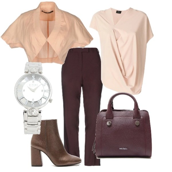 Outfit donna - Una giornata a lavoro. Stile Bon Ton per Ufficio. Abbinamento con pantalone con bande laterali effetto acetato con zip in raso tinta unita, orologio con cinturino, top, blusa a maniche corte carne, stivaletti con tacco largo e zip con punta tonda, borsa a tracolla con borchie doppio manico interno foderato rigido.