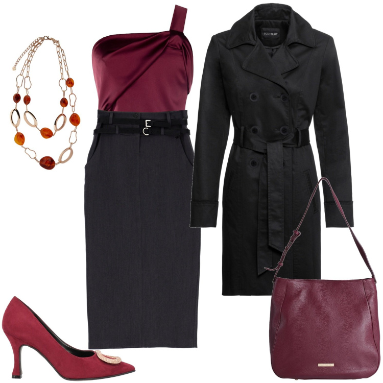 Outfit donna - Total look #1810964. Stile Chic per Serata fuori. Abbinamento con trench, décolleté, borse a spalla, top, gonne lunghe, ciondoli.
