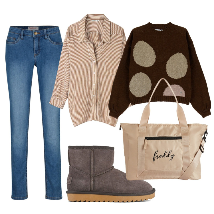 Outfit donna - Total look #1810993. Stile Casual per Tutti i giorni. Abbinamento con jeans skinny, camicie, pullovers, borse tote, stivali.