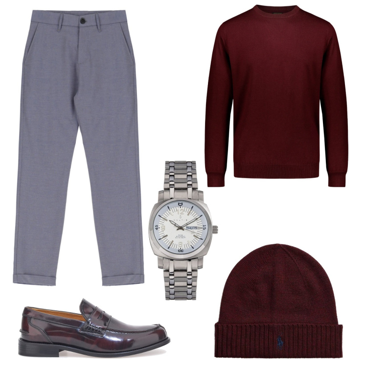 Outfit uomo - Weekend speciale. Stile Casual per Serata speciale. Abbinamento con orologi, pantaloni, berretti, maglieria, scarpe stringate.