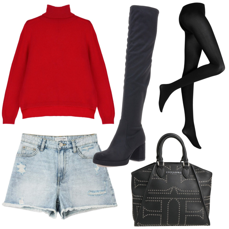 Outfit donna - Shorts in inverno. Stile Trendy per Tutti i giorni. Abbinamento con collant, borse a mano, shorts, maglieria, stivali.