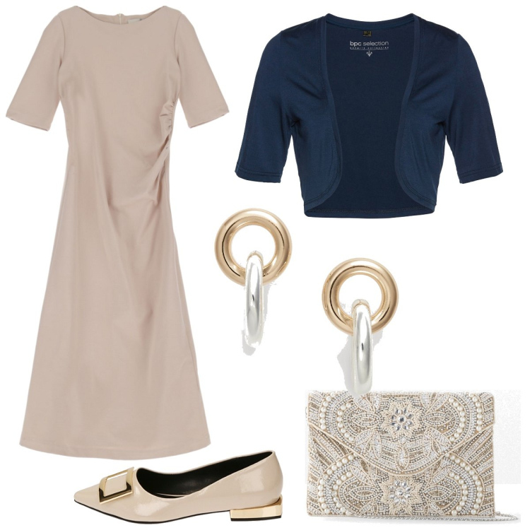 Outfit donna - Cerimonia di primavera. Stile Bon Ton per Cerimonia. Abbinamento con pochette, blazer, ballerine, vestiti midi/longuette, orecchini.