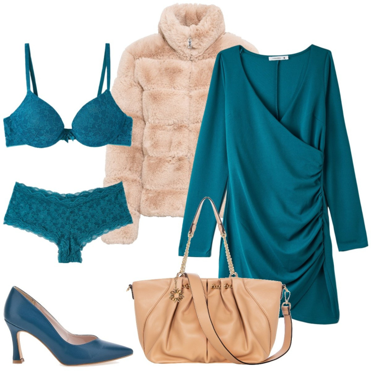 Outfit donna - Petrolio e beige. Stile Casual chic per Tutti i giorni. Abbinamento con ecopellicce, vestiti corti, reggiseni, culotte, borse a spalla, décolleté.