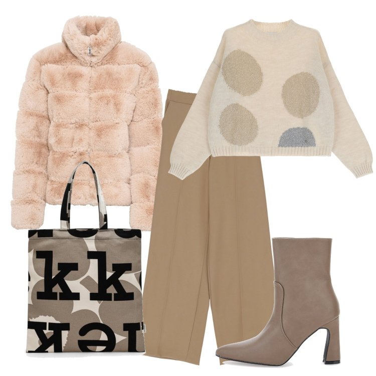 Outfit donna - Toni caldi. Stile Casual chic per Tutti i giorni. Abbinamento con ecopellicce, pullovers, pantaloni a palazzo, borse tote, stivaletti.