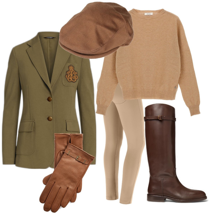 Outfit donna - eleganza da clubhouse. Stile Sporty chic per Tutti i giorni. Abbinamento con cappelli, pantaloni skinny, pullovers, stivali, blazer, guanti.