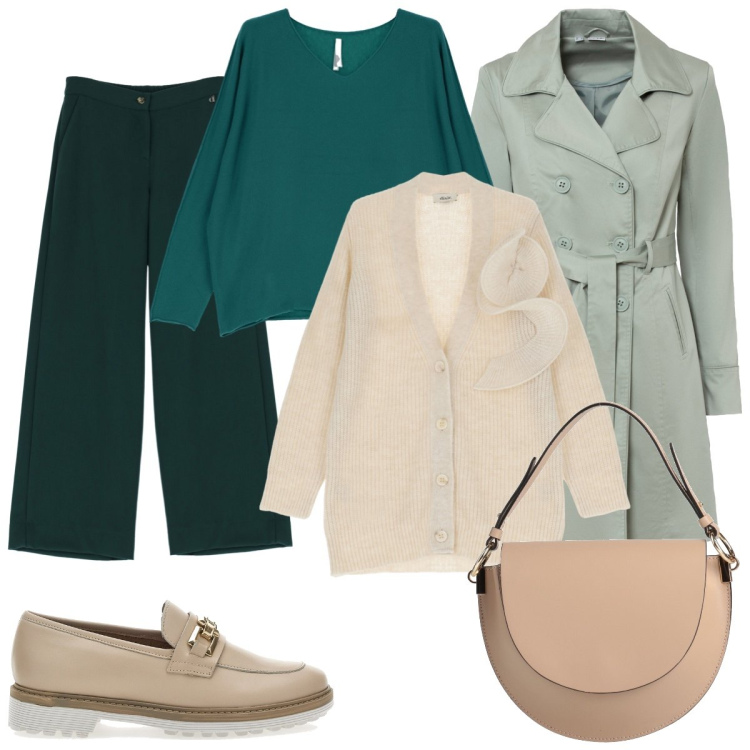 Outfit donna - Green days. Stile Casual chic per Tutti i giorni. Abbinamento con trench, borse a mano, maglieria, pantaloni a palazzo, cardigans, mocassini.