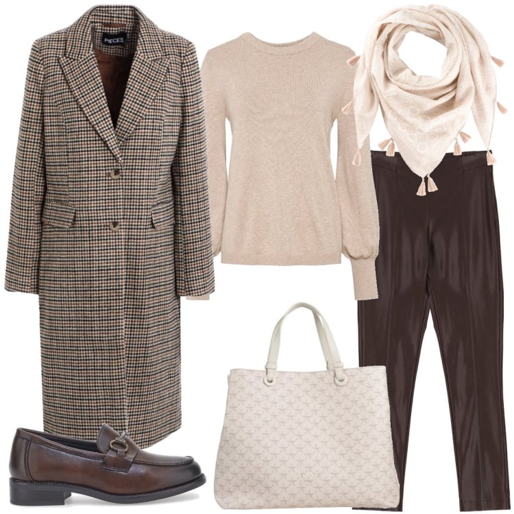 Outfit donna - Ufficio. Stile Casual chic per Ufficio. Abbinamento con borse a mano, cappotti, maglieria, foulard, pantaloni skinny, mocassini.