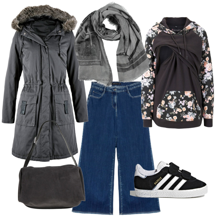 Outfit donna - Casual chic. Stile Casual chic Abbinamento con felpe, parka, borse a spalla, sciarpe, jeans, sneakers.