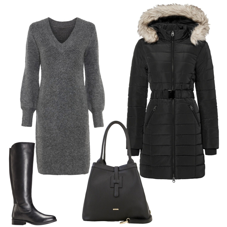 Outfit donna - Grigio e nero. Stile Casual per Tutti i giorni. Abbinamento con vestiti, giacche, stivali, borse a secchiello.