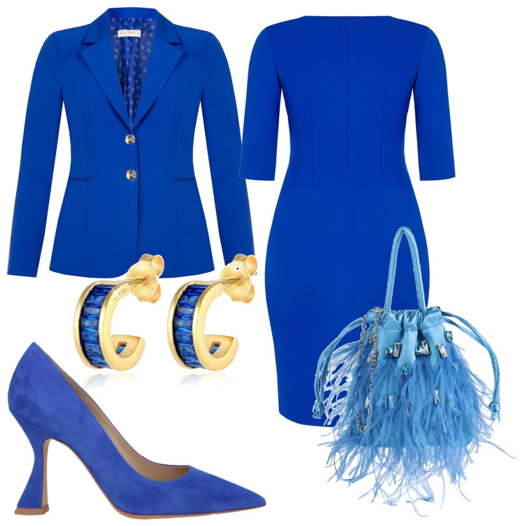 Outfit donna - Cerimonia chic azzurra. Stile Chic per Cerimonia. Abbinamento con décolleté, borse a mano, orecchini, vestiti midi/longuette, cappotti.