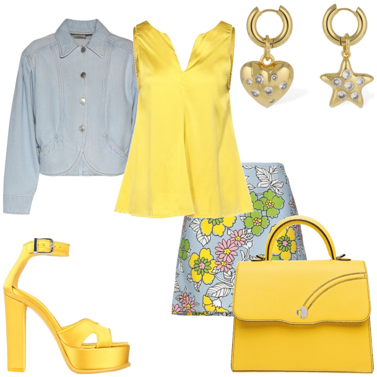 Outfit donna - Minigonna fiori e solare. Stile Glamour per Tutti i giorni. Abbinamento con minigonne, top, sandali in pelle, orecchini, borse a mano, cappotti.