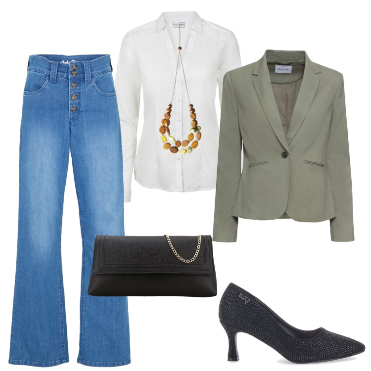 Outfit donna - Elegante con il jeans. Stile Chic per Ufficio. Abbinamento con blazer, camicie, jeans dritti, pochette, décolleté, collane.