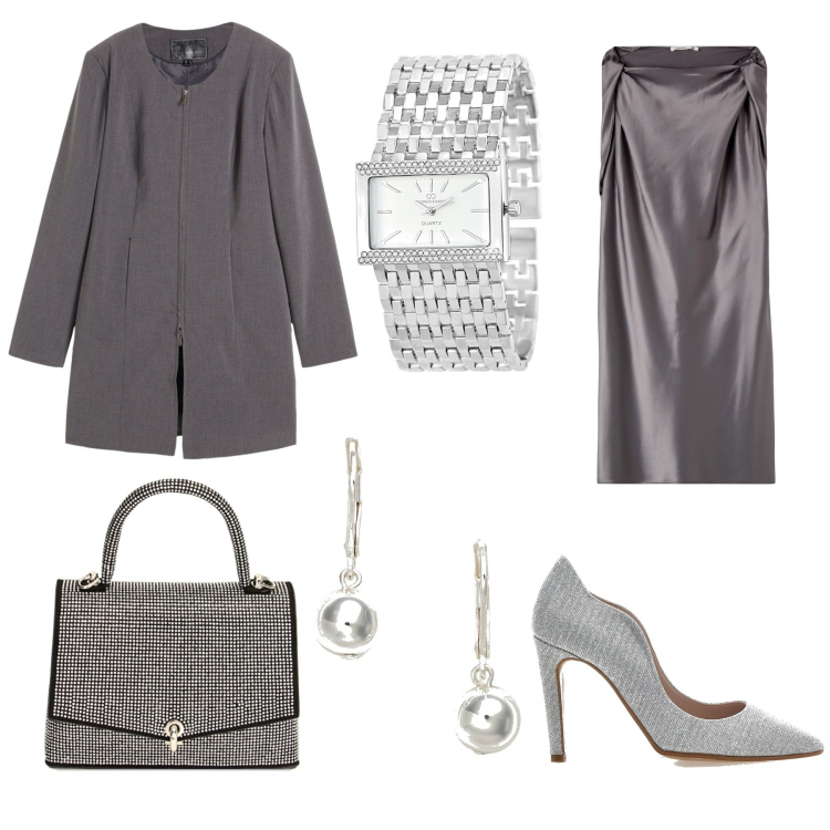 Outfit donna - Grigio glamour. Stile Glamour per Serata fuori. Abbinamento con blazer, orologi, vestiti corti, borse a mano, orecchini, décolleté.