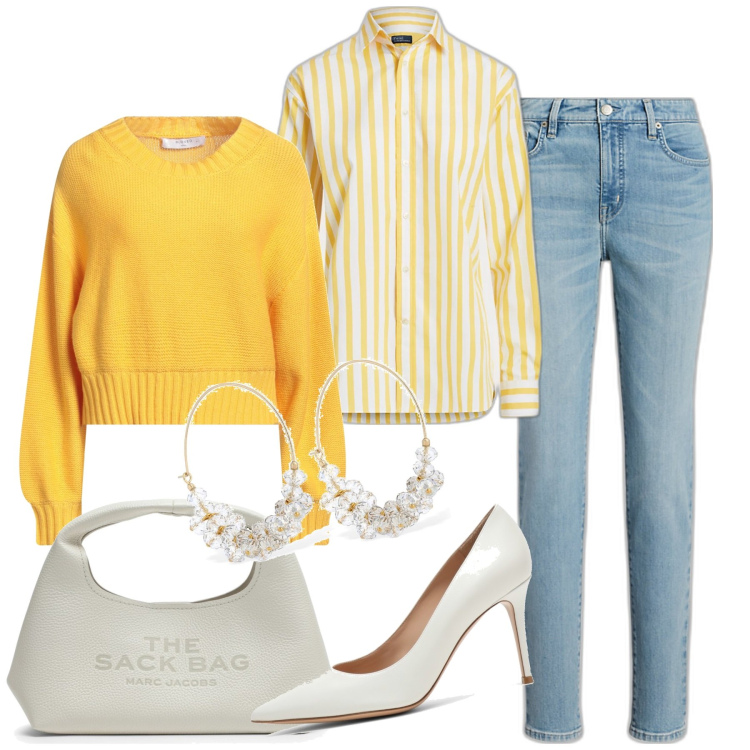 Outfit donna - Chic in jeans. Stile Chic per Tutti i giorni. Abbinamento con pullovers, camicie, jeans skinny, orecchini, décolleté, borse a mano.