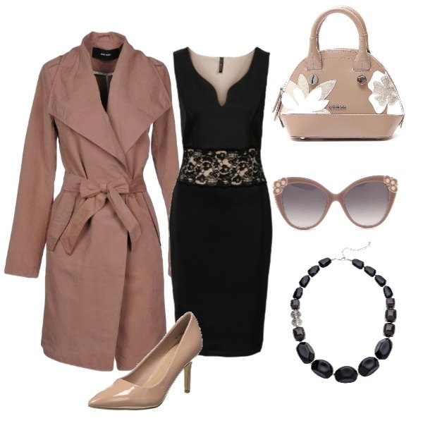Outfit donna - Bon Ton #12427. Stile Bon Ton per Serata fuori. Abbinamento con vestito al ginocchio con pizzo stretto, collana nero, soprabito con fusciacca scollatura profonda a maniche lunghe interno sfoderato tinta unita, scarpe col tacco avorio, borsa a tracolla fantasia floreale doppio manico interno foderato rigido, occhiali da sole e montature per occhiali da vista effetto acetato.