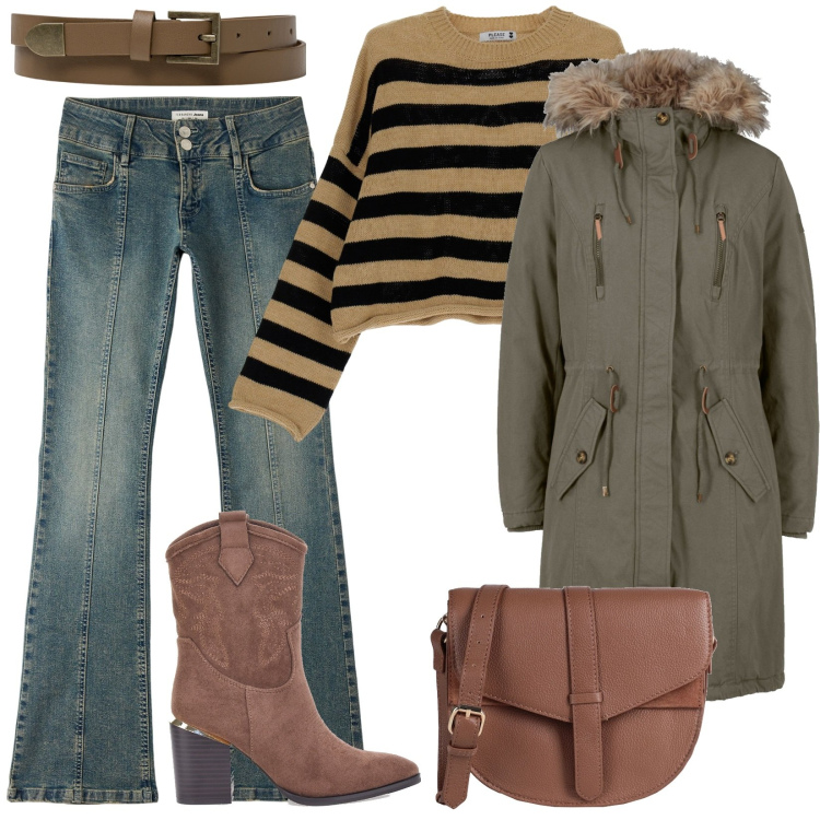 Outfit donna - Stivaletti e jeans. Stile Basic per Tutti i giorni. Abbinamento con parka, borse a tracolla, jeans a zampa, pullovers, cinture, stivaletti.
