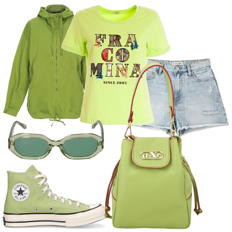 Outfit donna - Pantaloncino jeans e felpa. Stile Urban per Tutti i giorni. Abbinamento con cappotti, shorts, t-shirt, borse a secchiello, occhiali da sole, sneakers.