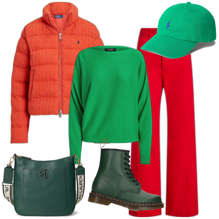 Outfit donna - Verde e rosso. Stile Casual per Tutti i giorni. Abbinamento con borse a tracolla, cappelli, pantaloni, maglieria, cappotti, stivali.