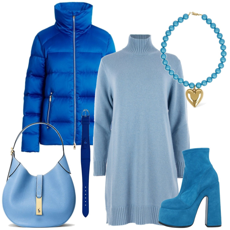 Outfit donna - Blu blu blu. Stile Casual chic per Tutti i giorni. Abbinamento con stivaletti, orologi, borse a spalla, piumini, vestiti, collane.