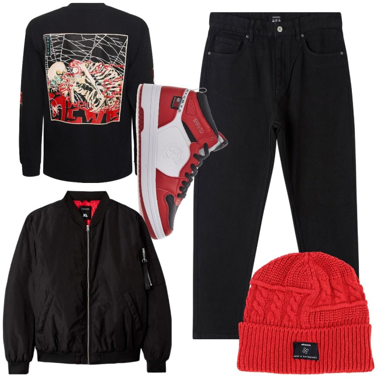 Outfit uomo - Adriano: macabro & nero.. Stile Urban per Tutti i giorni. Abbinamento con pantaloni, bomber, berretti, t-shirt, sneakers.