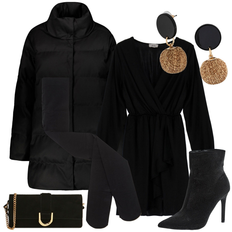 Outfit donna - A cena fuori. Stile Chic per Serata fuori. Abbinamento con orecchini, collant, stivaletti, pochette, vestiti corti, cappotti.