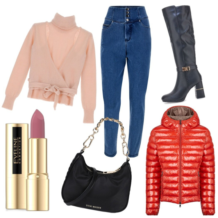 Outfit donna - Total look #1811293. Stile Chic per Tutti i giorni. Abbinamento con borse a mano, rossetti, jeans skinny, maglieria, blazer, stivali.