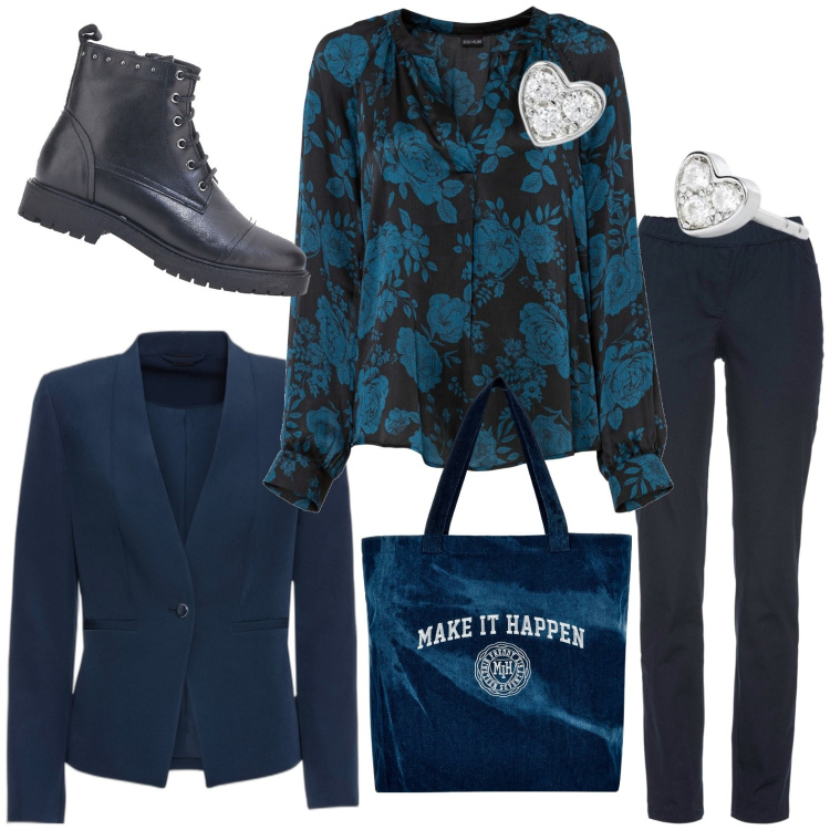 Outfit donna - Blu notte. Stile Casual chic per Serata fuori. Abbinamento con blazer, tuniche, pantaloni, orecchini, shopping bag, anfibi.