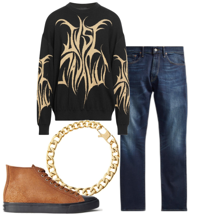Outfit uomo - Inverno tribal. Stile Urban per Serata speciale. Abbinamento con braccialetti, pullovers, sneakers, jeans.