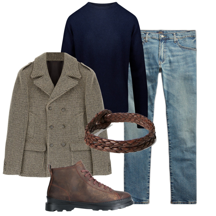Outfit uomo - Inverno pea coat. Stile Urban per Tutti i giorni. Abbinamento con stivali e stivaletti, cappotti, jeans, braccialetti, maglieria.