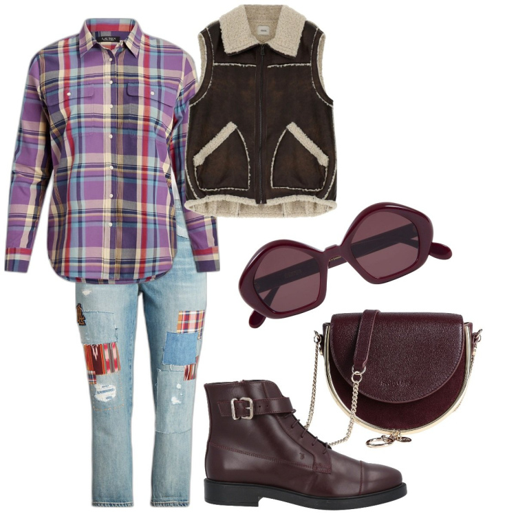 Outfit donna - Total look #1811330. Stile Casual per Tutti i giorni. Abbinamento con stivaletti, borse a tracolla, gilet, camicie, jeans, occhiali da sole.
