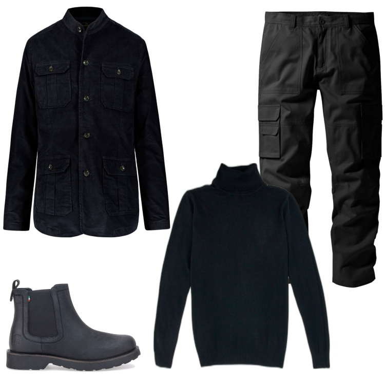 Outfit uomo - Allblack. Stile Urban per Tutti i giorni. Abbinamento con giacche, pantaloni cargo, pullovers, stivali e stivaletti.