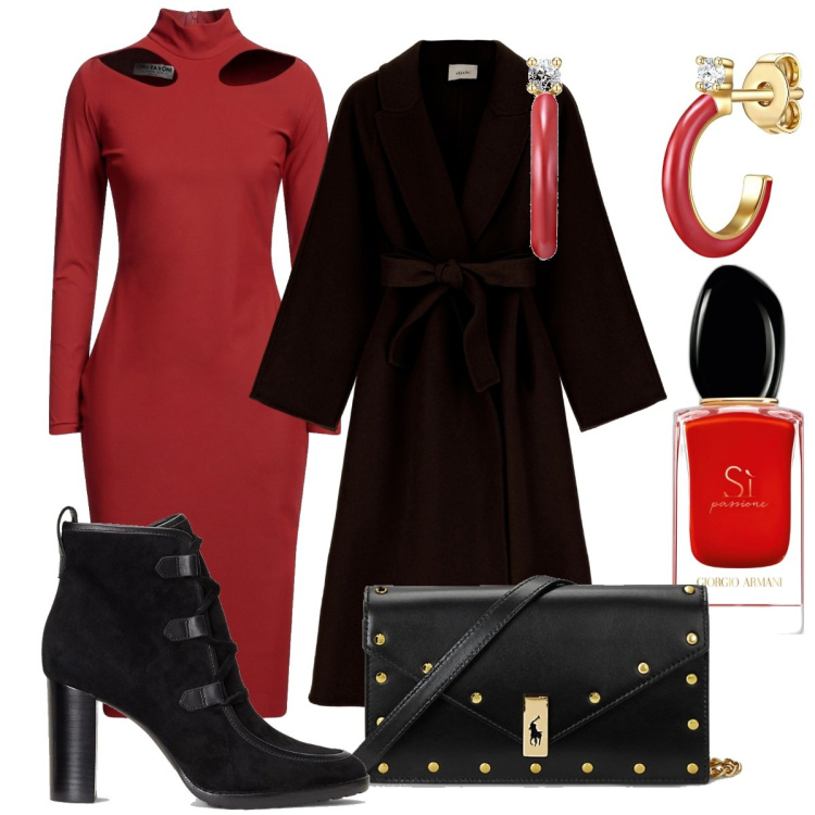 Outfit donna - L\'abito rosso scuro. Stile Bon Ton per Tutti i giorni. Abbinamento con vestiti midi/longuette, orecchini, profumi, cappotti, stivaletti, clutch.
