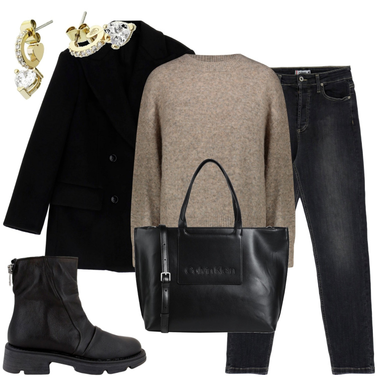 Outfit donna - City. Stile Casual chic per Tutti i giorni. Abbinamento con orecchini, borse a mano, cappotti, stivaletti, jeans slim fit, maglieria.