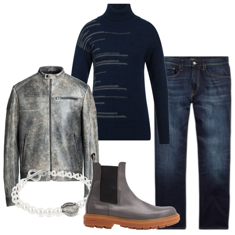 Outfit uomo - Inverno luna piena. Stile Urban per Serata speciale. Abbinamento con stivali e stivaletti, maglieria, giacche, jeans dritti, braccialetti.