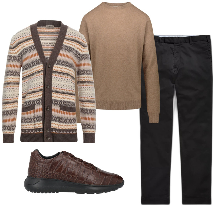 Outfit uomo - Inverno. Stile Trendy per Tutti i giorni. Abbinamento con cardigans, sneakers, pantaloni chino, maglieria.