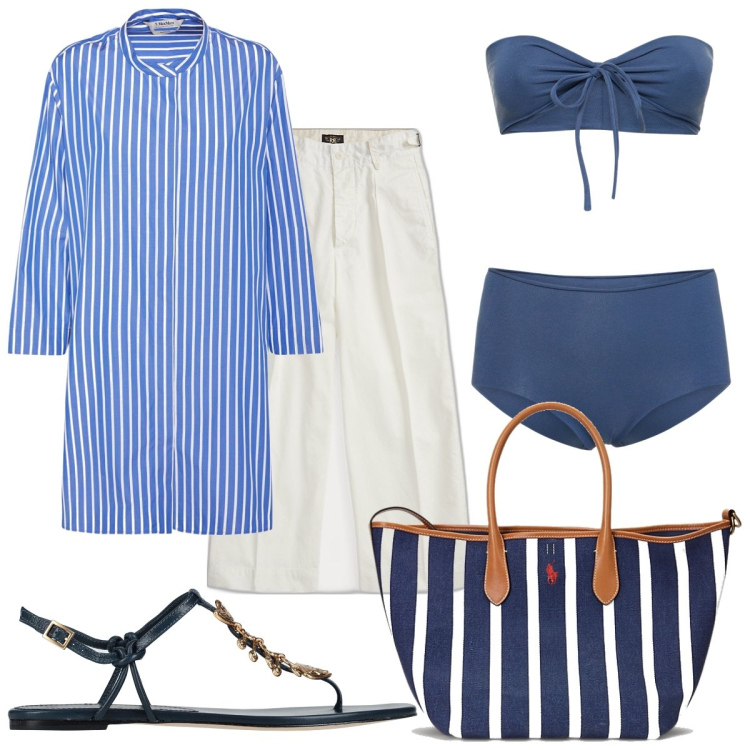 Outfit donna - Sognando l’estate. Stile Casual chic per Mare. Abbinamento con infradito, pantaloni, borse tote, camicie, bikini.