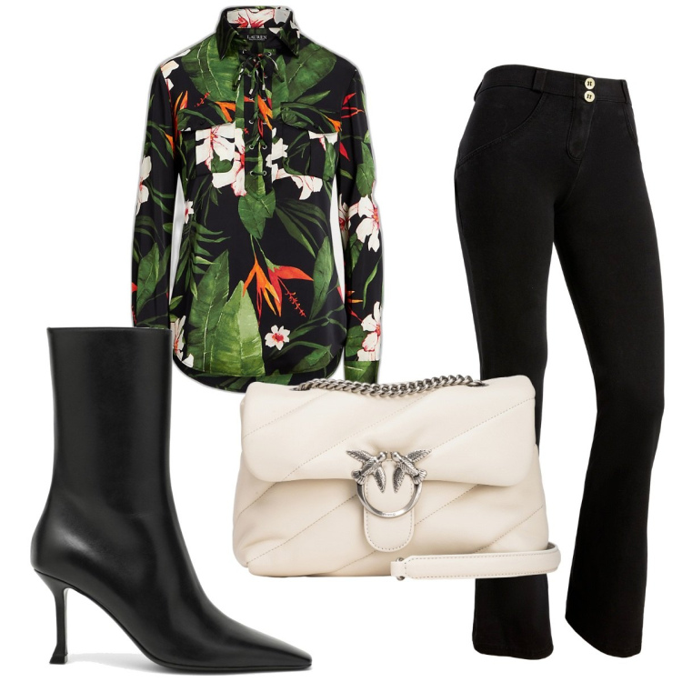 Outfit donna - Total look #1811451. Stile Trendy per Tutti i giorni. Abbinamento con borse a tracolla, jeggings, camicie, stivaletti.