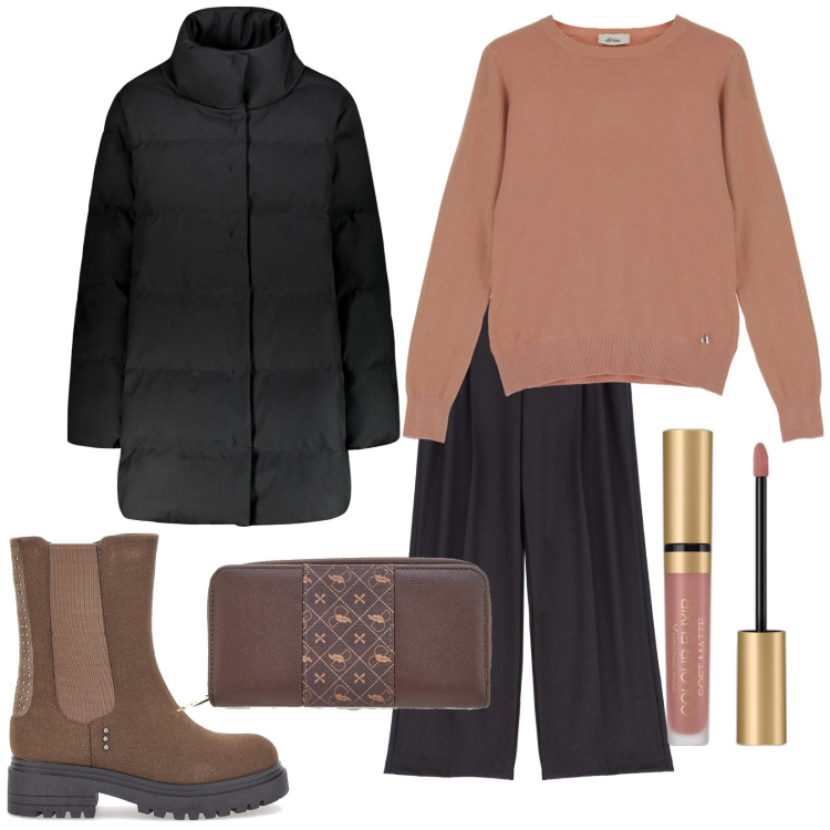 Outfit donna - Total look #1811479. Stile Casual per Tutti i giorni. Abbinamento con rossetti, pantaloni a palazzo, pullovers, piumini, stivaletti chelsea, portafogli.