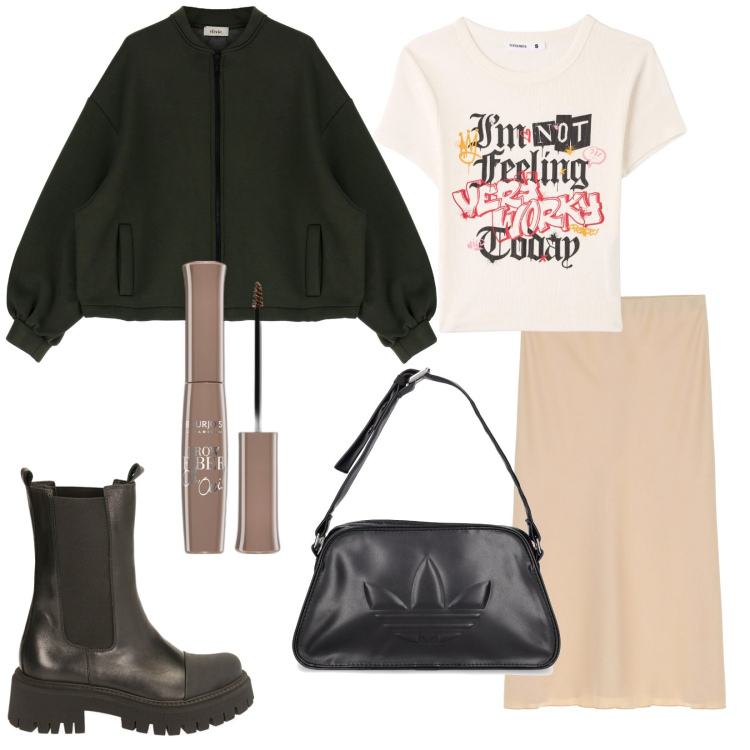 Outfit donna - Domenica mattina. Stile Trendy per Tutti i giorni. Abbinamento con mascara, t-shirt, stivaletti chelsea, cappotti, gonne longuette, borse a tracolla.