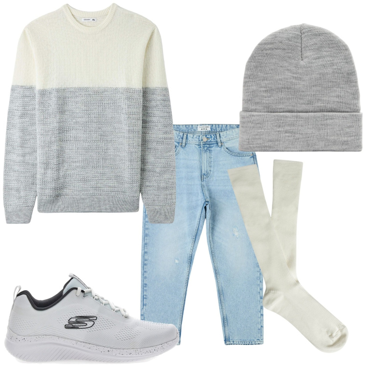 Outfit uomo - Total look #1811486. Stile Casual per Tutti i giorni. Abbinamento con jeans strappati, maglieria, berretti, sneakers, calzini.