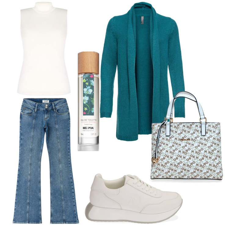 Outfit donna - Total look #1811508. Stile Casual per Tutti i giorni. Abbinamento con cardigans, profumi, jeans a zampa, top, sneakers, borse a mano.